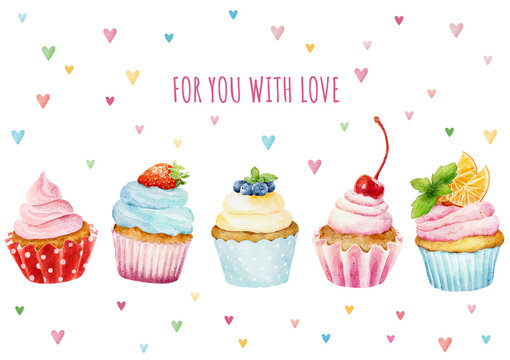 Set of watercolor cupcakes isolated on white background.