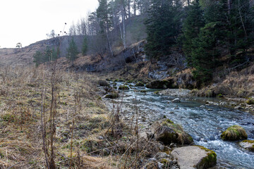 traveling along the bed of a mountain river, an autumn day, nature is preparing for winter...