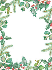 Fototapeta premium Watercolor hand painted nature winter holiday squared border frame with green eucalyptus leaves, fir branches and red holly berries composition for christmas invite and greeting card design