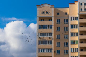 A flock of doves flies past the windows of an apartment building towards a white cloud in the blue sky. Sunlight on the yellow wall of the house