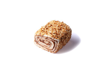 Turkish delight. Turkish delights cream-filled. Lokum rolls covered sesame seeds. isolated on white close up