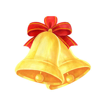 Christmas golden bells with red bow on isolated white background for your design. Merry Christmas. Watercolor