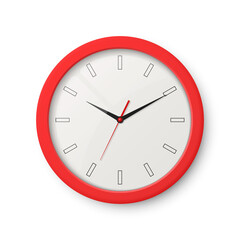 Vector 3d Realistic Red Wall Office Clock Isolated on White. White Dial. Design Template of Wall Clock Closeup. Mock-up for Branding, Advertise. Top, Front View