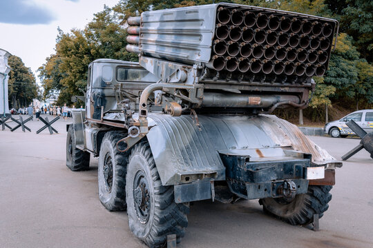 Military truck with rocket launch system. Multiple launch rocket system GRAD. Soviet and Russian multiple launch rocket systems
