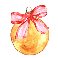 Yellow Christmas Ball with Red Ribbon Watercolor Illustration