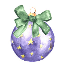 Watercolor Christmas Purple Ball with Green Ribbon