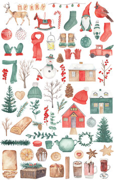 Big Christmas watercolor set Hand painted holiday clipart isolated on white background. Winter clothes, christmas new year food, houses, decor, lights, snowman, garlands, botanical elements.
