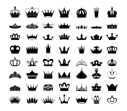 Collection of black silhouettes of crowns. Icons for creating tattoos, prints, stickers.