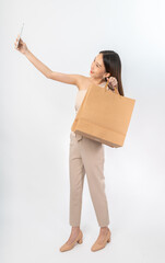 A series of photo collection focusing on the moments, expression and gestures of an asian office lady with brown shopping bag that also look like delivery bag. All are full body, high resolution shots