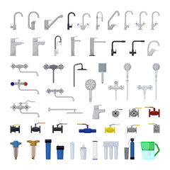 Obraz premium Vector collection of taps and water filters. Plumbing elements isolated on white background.