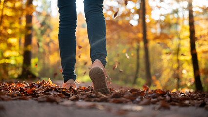 Female feet in snickers walking on a road covered with autumn leaves