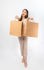 A series of photo collection focusing on the moments, expression and gestures of an asian office lady with brown shopping bag that also look like delivery bag. All are full body, high resolution shots