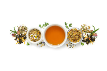 Composition with freshly brewed tea and dry leaves on white background, top view