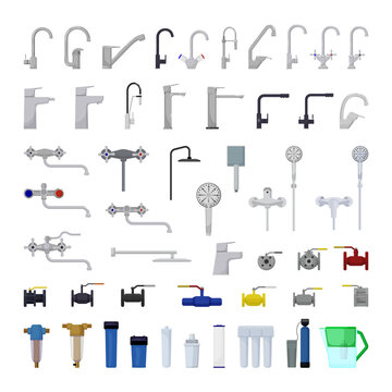 Vector collection of taps and water filters. Plumbing elements isolated on white background.