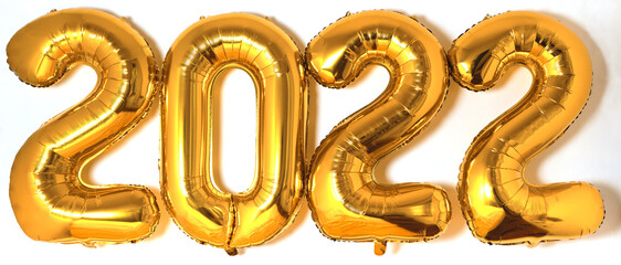 Figures 2022 made of gold foil balloons. White minimalistic background. Signs and symbols of the new year.