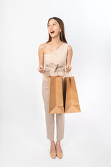 A series of photo collection focusing on the moments, expression and gestures of an asian office lady with brown shopping bag that also look like delivery bag. All are full body, high resolution shots