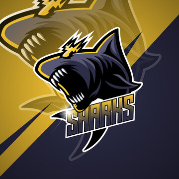 shark esport logo mascot , this cool and fierce image is suitable for e - sport team logos or extreme sports like skateboard etc, can be used t-shirt or merchandise design