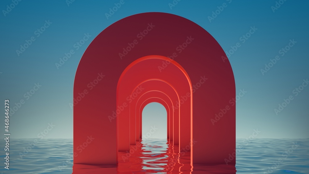 Canvas Prints 3d render. abstract panoramic background with red arches in the water, under the blue sky. modern mi