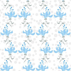 Vector Seamless Tile Pattern With Soft Blue Flowers And Grey Dots On White