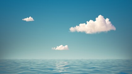 3d rendering of simple seascape with calm water and white clouds in the blue sky. Abstract...