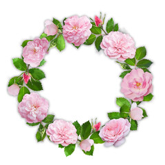 Round floral wreath with pink roses and leaves