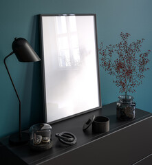 Frame mockup in home interior, luxury modern dark living room , 3d render