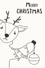 Merry Christmas greeting card template with Funny reindeer holding a garland, cartoon vector illustration. Christmas poster, banner, postcard, greeting card design with a deer EPS