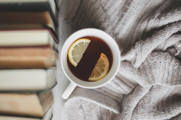 Cup of tea with lemon slices on a cozy sweater next to a stack of books