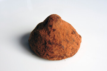 A chocolate truffle dusted with cocoa powder, white background