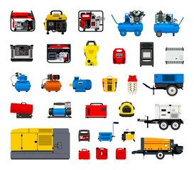 Collection of detalized construction equipment. Set of generators and compressors.