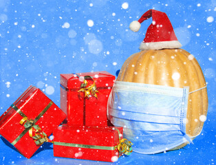 Christmas gifts boxes red and gold colors background - top view
