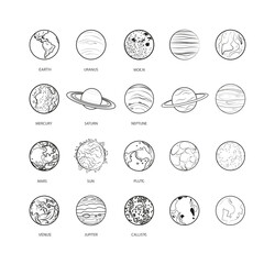 Collection of linear planets. Sketch style icons.