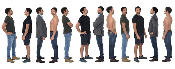 man in different outfits and shirtless on white background