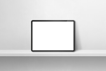 Digital tablet pc on white wall shelf. Horizontal background banner