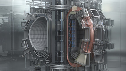 Thermonuclear reactor ITER. Tokamak. International Thermonuclear Experimental Reactor. The disassembled model is surrounded by glass. Industrial installation. 3d Render - obrazy, fototapety, plakaty
