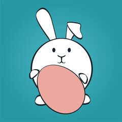 Easter bunny holding Easter egg on turquoise background. Vector illustration
