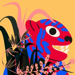 Chinese horoscope, year of the tiger. Greeting card, banner. Vector illustration. Hand-drawn cartoon character.