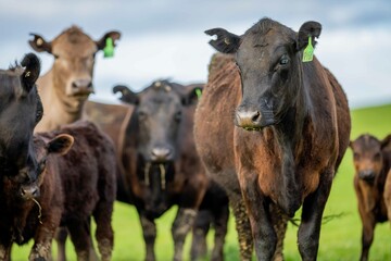 Angus, wagyu and murray grey beef bulls and cows, being grass fed on a hill in Australia.