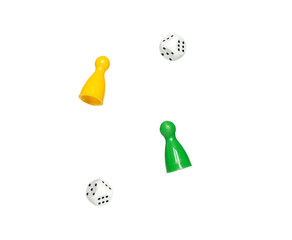 figures for board game and dice in air isolated on white background. levitation