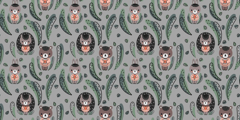 Seamless children's pattern of forest kids hares, hedgehogs, bears with leaves and grass on a gray background. For children's clothing, wallpaper, nursery, textiles. Vector.