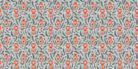 Seamless pattern with cute cartoon little squirrels and foxes in pink sweaters, plants, leaves on a light gray background Kawaii style Vector