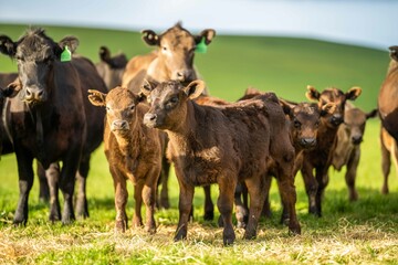 Angus, wagyu and murray grey beef bulls and cows, being grass fed on a hill in Australia.