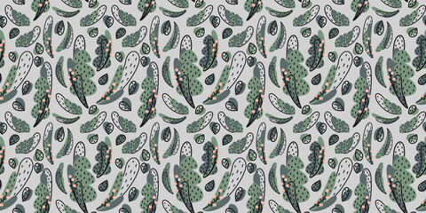 Abstract seamless forest pattern of Christmas trees, leaves, flowering plants and flowers on a light gray background in the Scandinavian style For nursery decor, wallpaper, fashion, packaging Vector