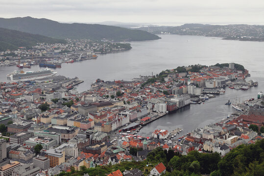 City and port on seashore. Bergen, Norway