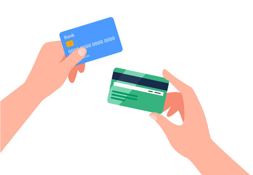 Hands holding credit plastic cards. Non-cash money turnover. Financial operations, transactions, investments, and payment concept. Vector flat illustration.