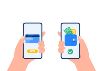 People send and receive money with their mobile phones. Non-cash money turnover. Financial operations, transactions, investments, and payment concept. Vector flat illustration.