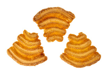 Fan shaped  puff pastry, Italian sfogliatine, three Palmier cookie isolated on white background