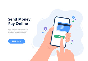 Online payment by credit card concept. Pay by card via electronic wallet on a smartphone. Non-cash money turnover. Trendy flat vector illustration for banners, landing page template, mobile app.