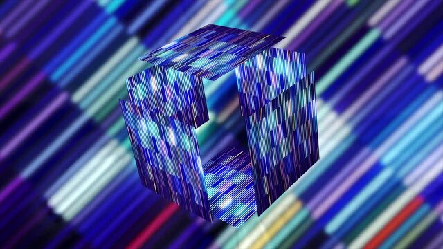 Bright cube in game. Motion. Shimmering colorful cube in cyberspace. Neon striped cube opens in game space