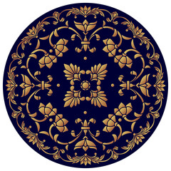 Design ornament for round product, flowers in the style of stained glass on a dark  blue background